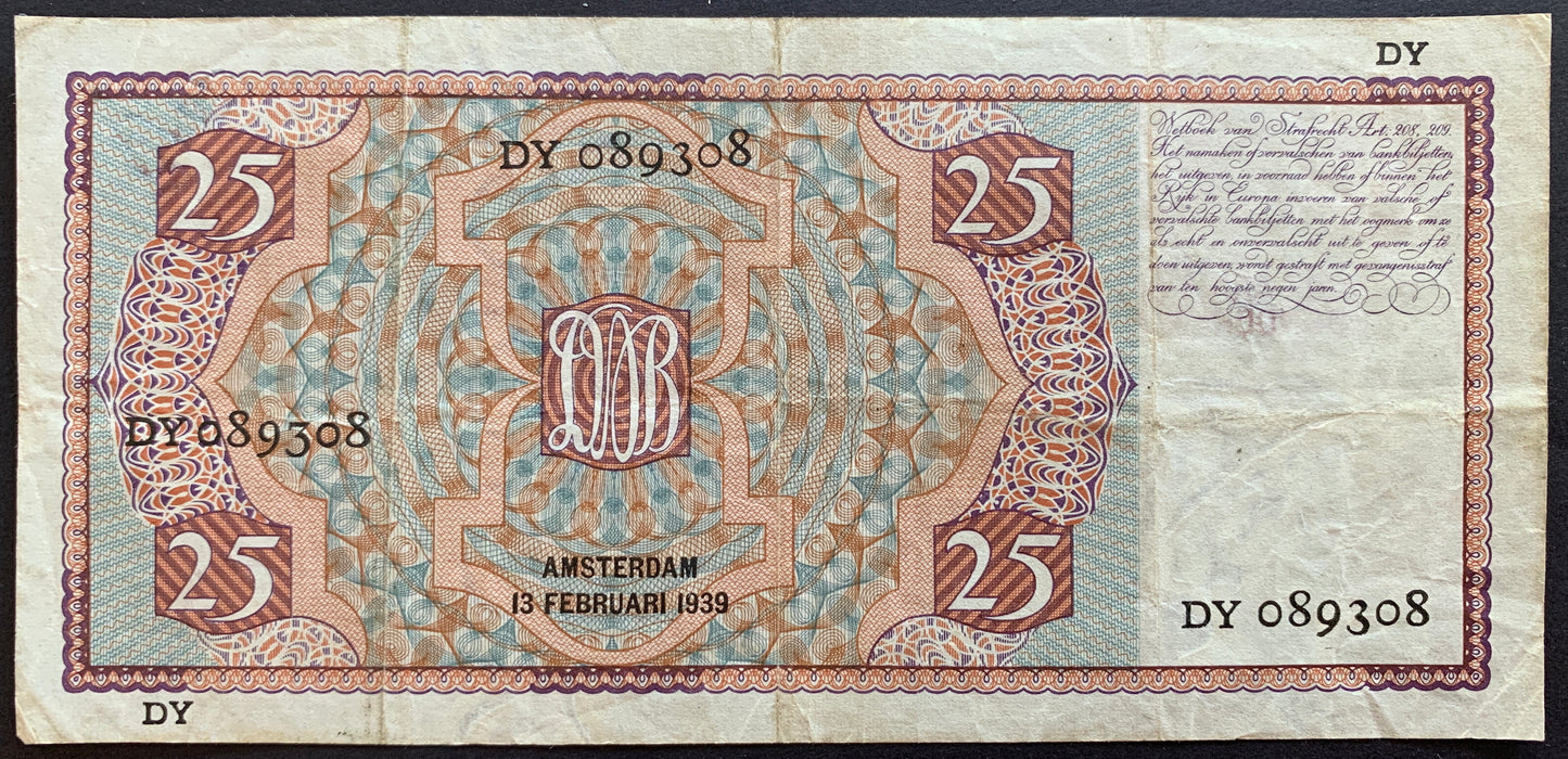 Netherlands 25 Gulden 1939 P-50 VF