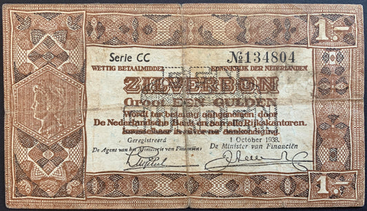 Netherlands 1 Gulden Silver voucher 1938 P-61 VF