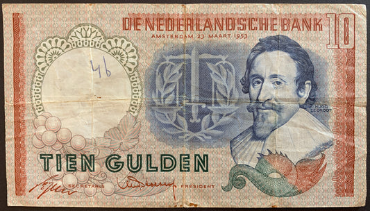 Netherlands 10 Gulden 1953 P-85 F