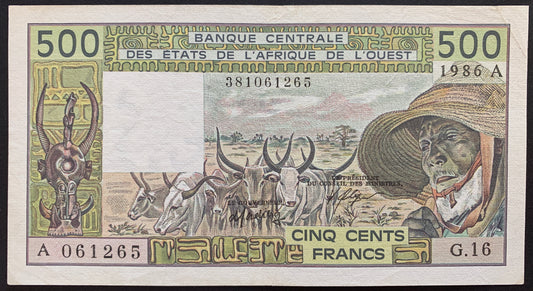 Western African States 500 Francs 1986 P-106Aj (Côte d'Ivoire) UNC