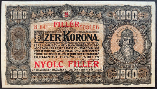 Hungary 8 Fillér ND (1925) P-81 XF (overprint on 1000 Korona)