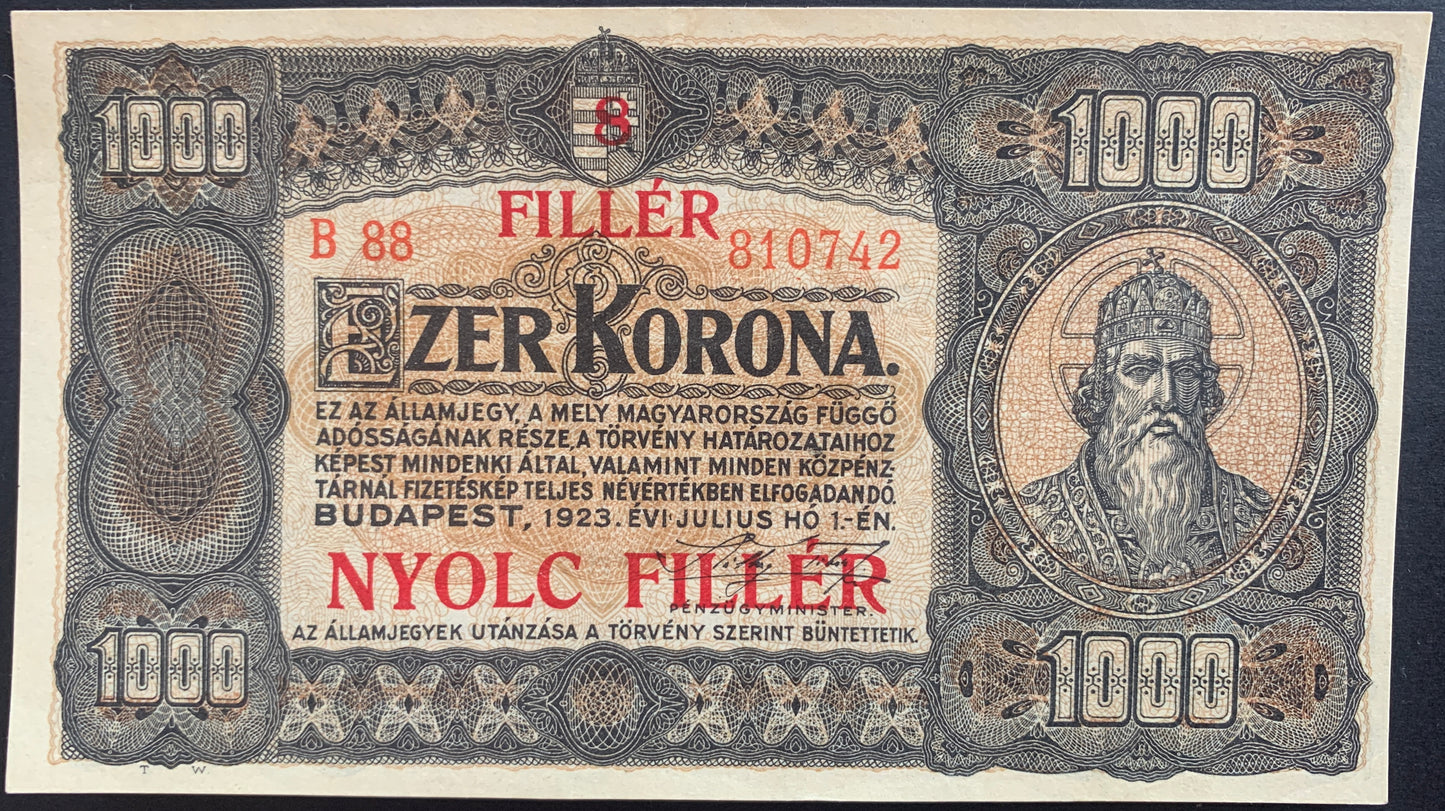 Hungary 8 Fillér ND (1925) P-81 AUNC+ (overprint on 1000 Korona)