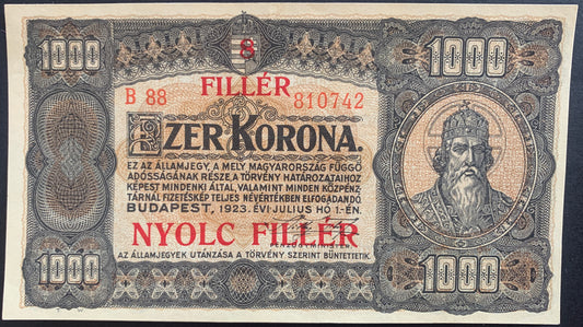 Hungary 8 Fillér ND (1925) P-81 AUNC+ (overprint on 1000 Korona)