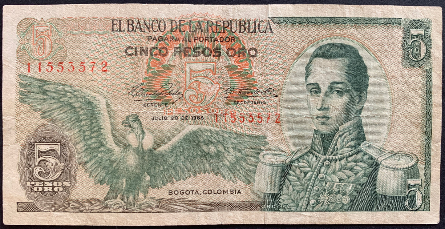 Colombia 5 Pesos Oro 1968 P-406b VF