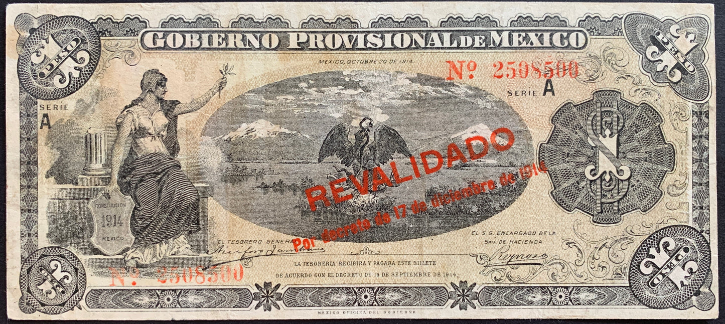 Mexico 1 Peso 1914 P-S701b VF (Gobierno Provisional de México)
