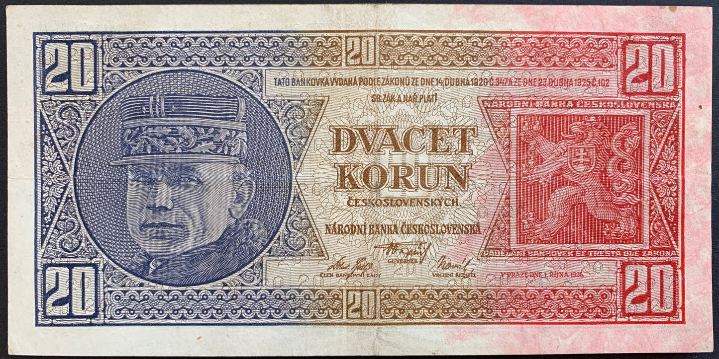 Czechoslovakia 20 Korun 1926 P-21b VF