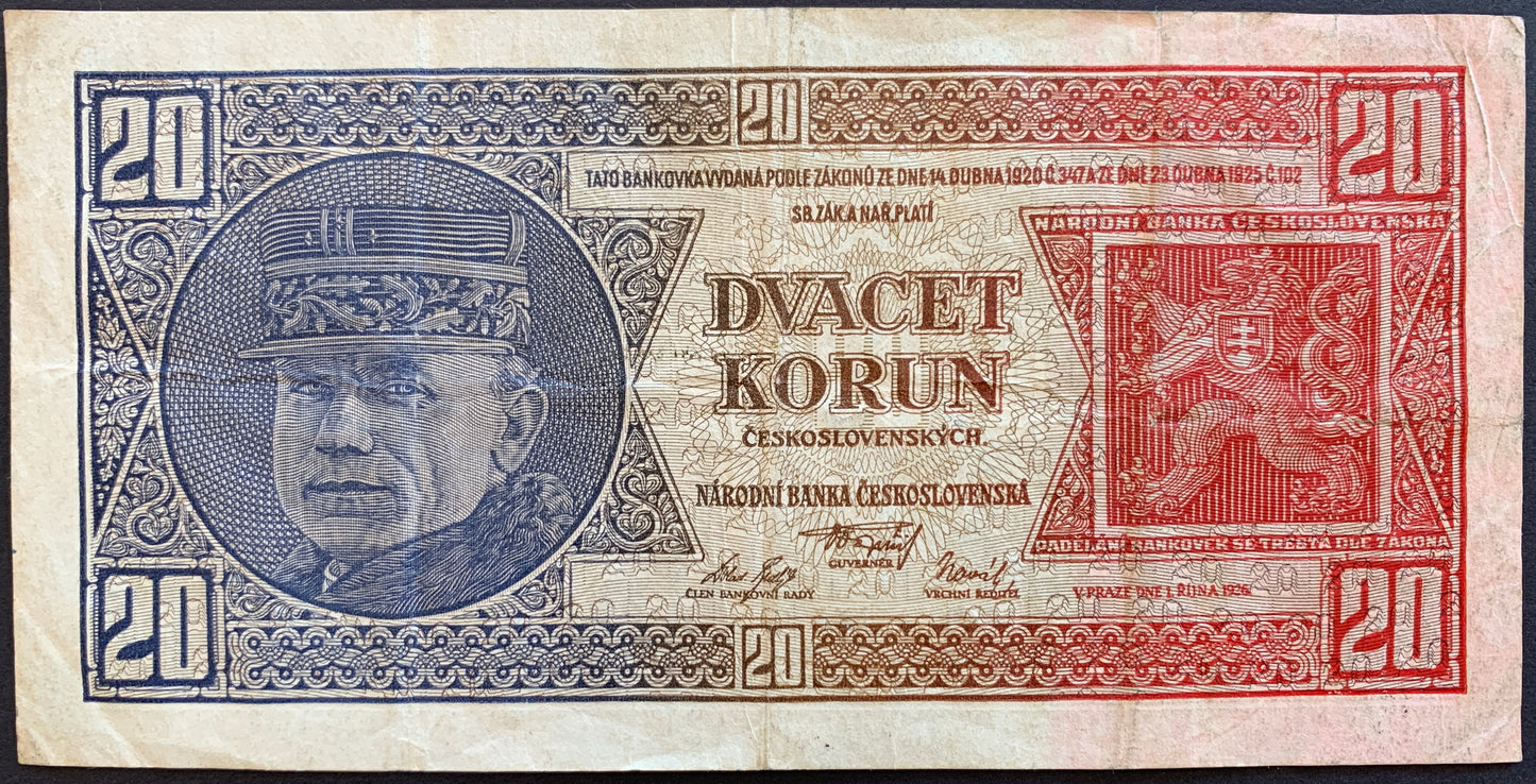 Czechoslovakia 20 Korun 1926 P-21b VF
