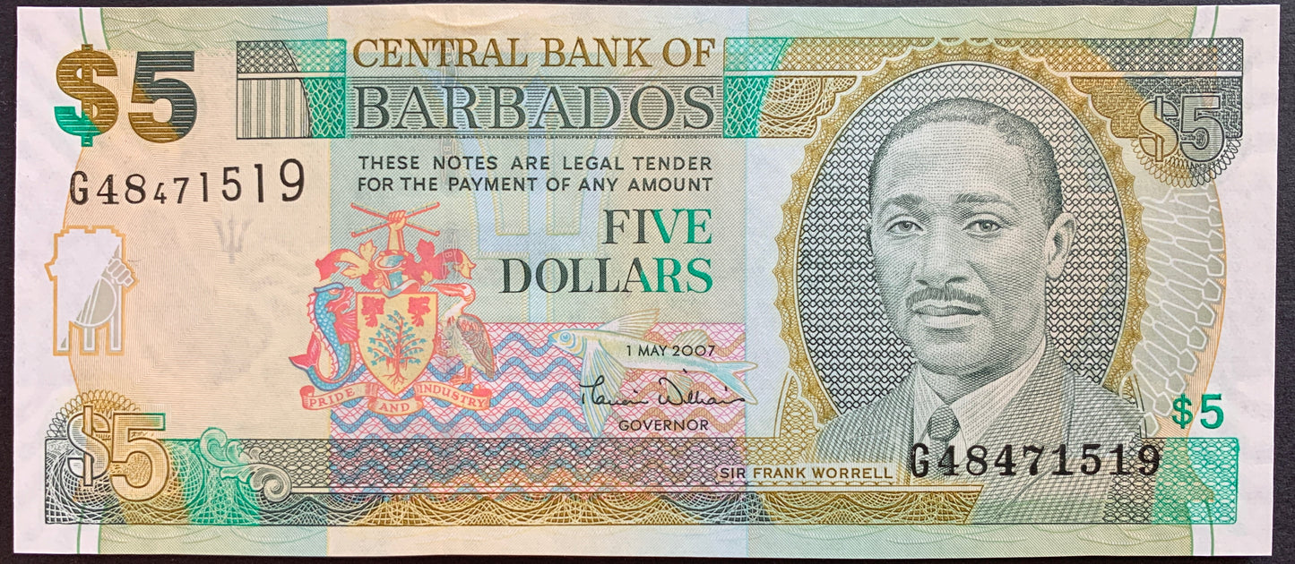 Barbados 5 Dollars 2007 P-67a UNC