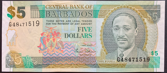 Barbados 5 Dollars 2007 P-67a UNC