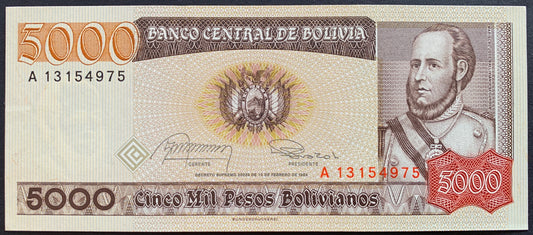 Bolivia 5000 Pesos Bolivianos 1984 P-168 UNC