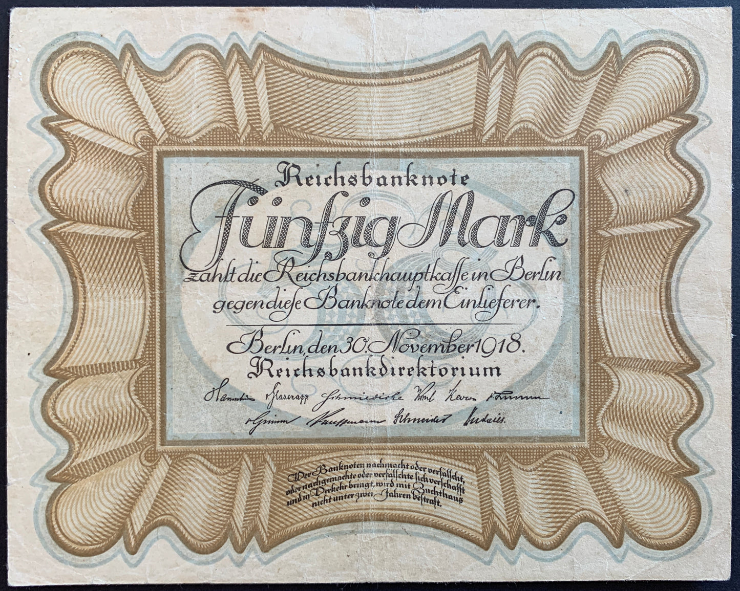 Germany 50 Mark 1918 P-65 VF Reichsbanknote "Egg note"