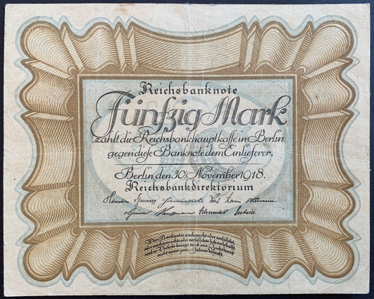 Germany 50 Mark 1918 P-65 VF Reichsbanknote "Egg note"