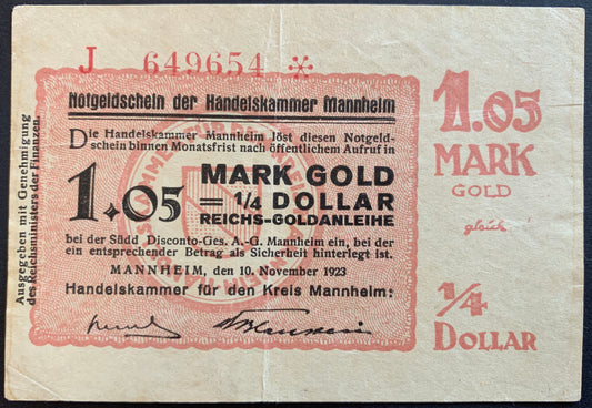 Germany 1.05 Mark Gold = 1/4 Dollar Notgeld Handelskammer Mannheim 1923 VF