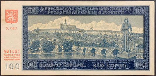 Protectorate of Bohemia and Moravia 100 Kronen/Korun 1940 P-7a AUNC
