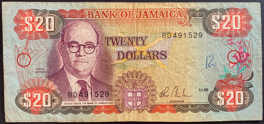 Jamaica 20 Dollars 1985 P-72a VF
