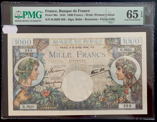 France 1000 Francs 1944 P-96c PMG 65 GEM UNC EPQ
