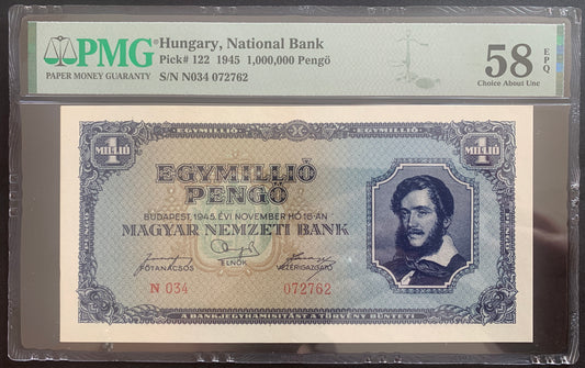 Hungary 1 million Pengő 1945 P-122 PMG 58 choice AUNC EPQ