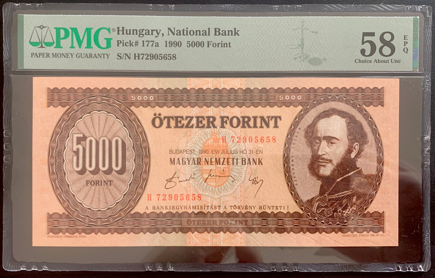 Hungary 5000 Forint 1990 P-177a choice AUNC PMG 58 EPQ