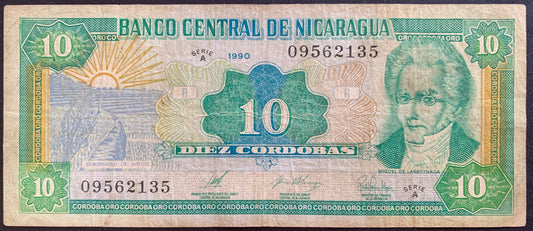 Nicaragua 10 Cordobas SERIES A 1990 P-175 F