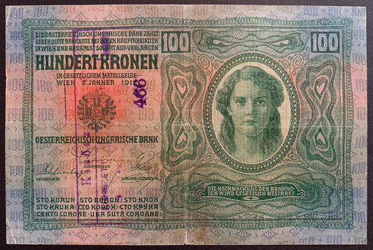 Austro-Hungary 100 Kronen 1912 F overprint