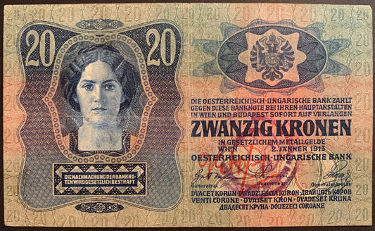 Austro-Hungary 20 Korona 1913 F overprint