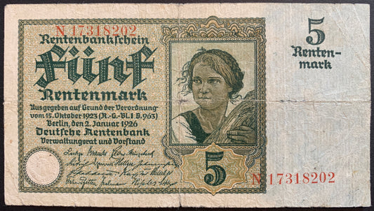 Germany 5 Rentenmark 1926 P-169 VG face