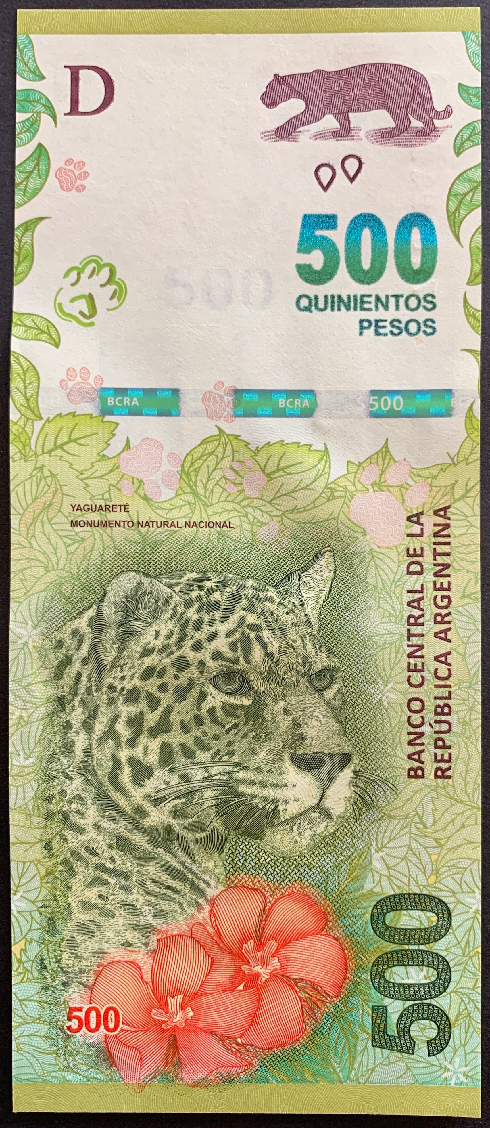 Argentina 500 Pesos ND (2020-22) P-365 UNC bankntoe face with Jaguar and flower