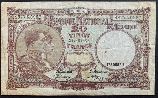Belgium 20 Francs 1943 P-111 VF