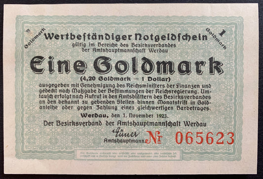 Germany, Werdau 1 Goldmark notgeld 1923 AUNC