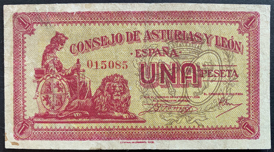 Spain, Provinces of Austrias and León 1 Peseta ND (1937) P-S604 VF