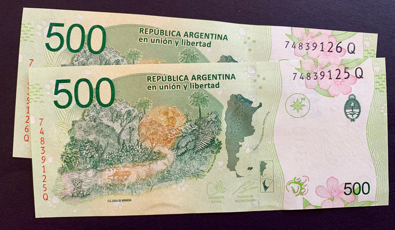 Argentina 500 Pesos ND (2020-22) P-365 UNC consecutive banknotes