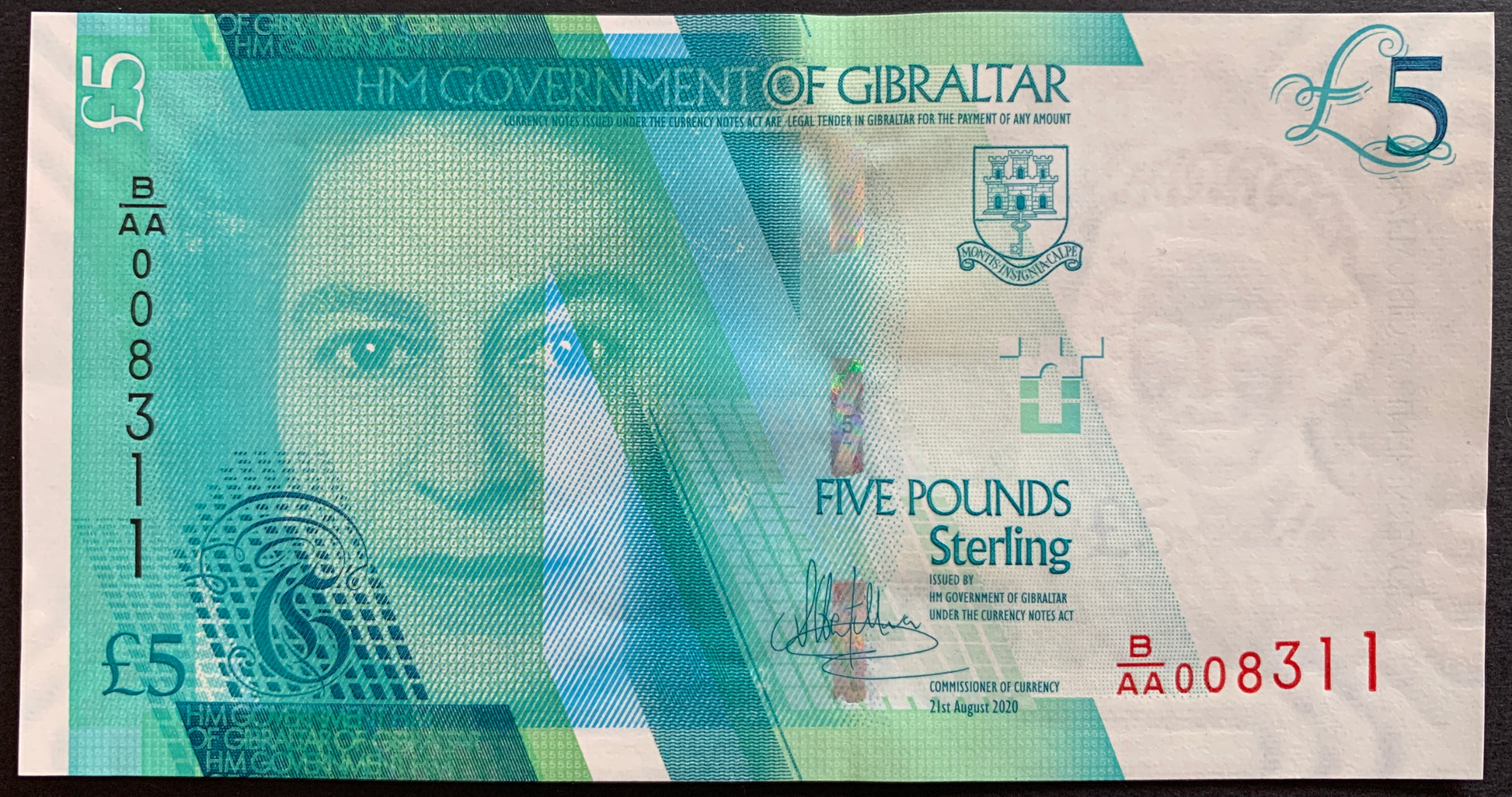 Gibraltar 5 Pounds 2020 TBB-136 UNC banknote face with portrait of Queen Elizabeth II