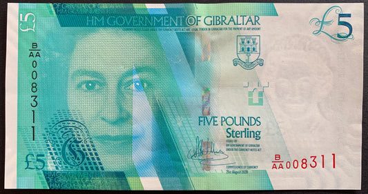 Gibraltar 5 Pounds 2020 TBB-136 UNC banknote face with portrait of Queen Elizabeth II