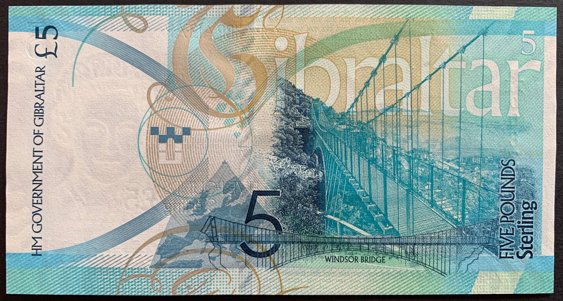 Gibraltar 5 Pounds 2020 TBB-136 UNC banknote back with Windsor Bridge and map of Europe