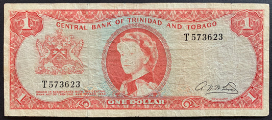 Trinidad and Tobago 1 Dollar ND (1966) P-26b F face with portrait of Queen Elizabeth II and coat of arms of trinidad and tobago