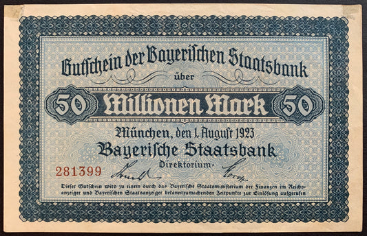 Germany, Bavaria 50 million Mark notgeld 1923 XF vintage banknote face