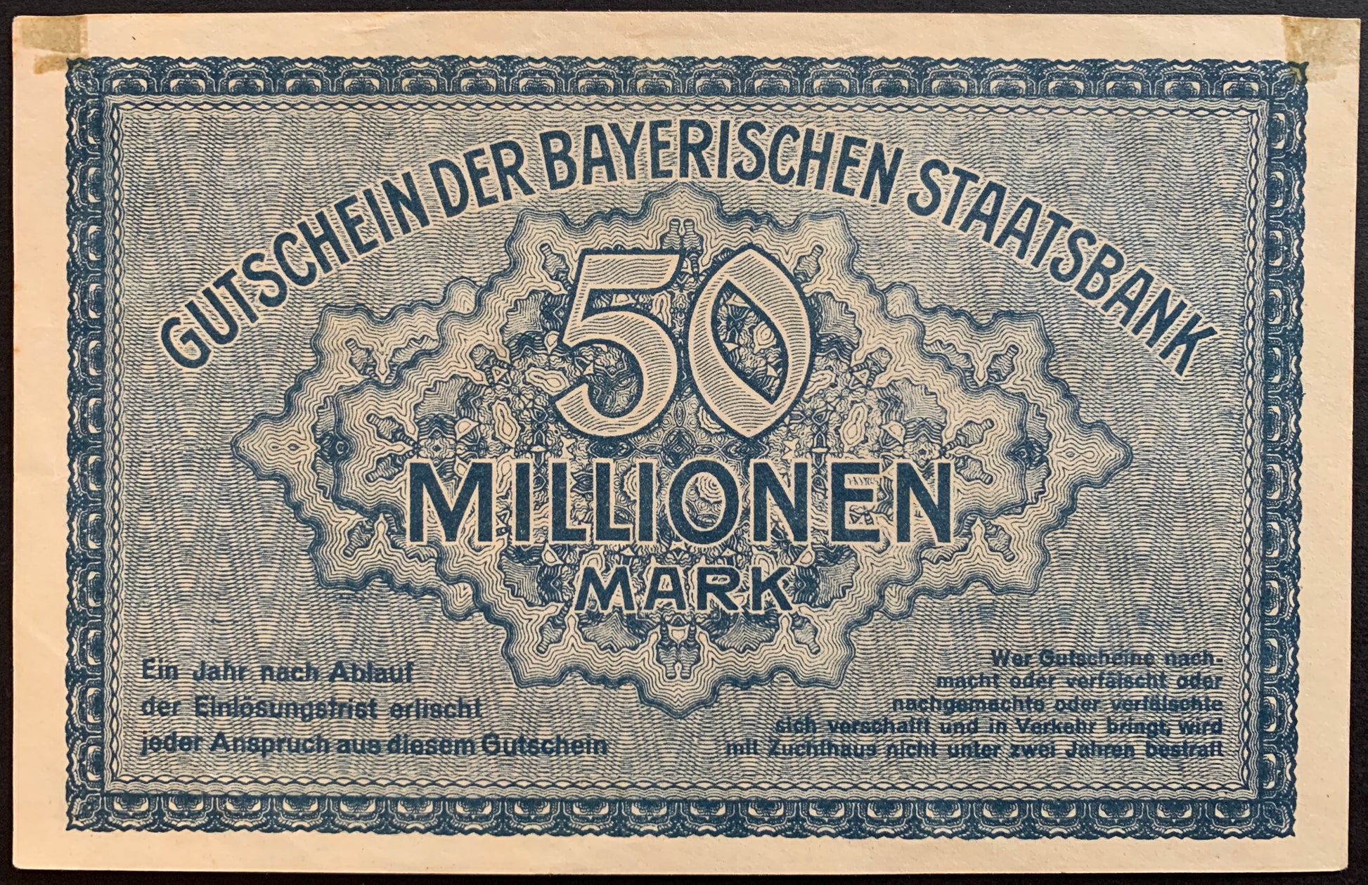 Germany, Bavaria 50 million Mark notgeld 1923 XF vintage banknote back