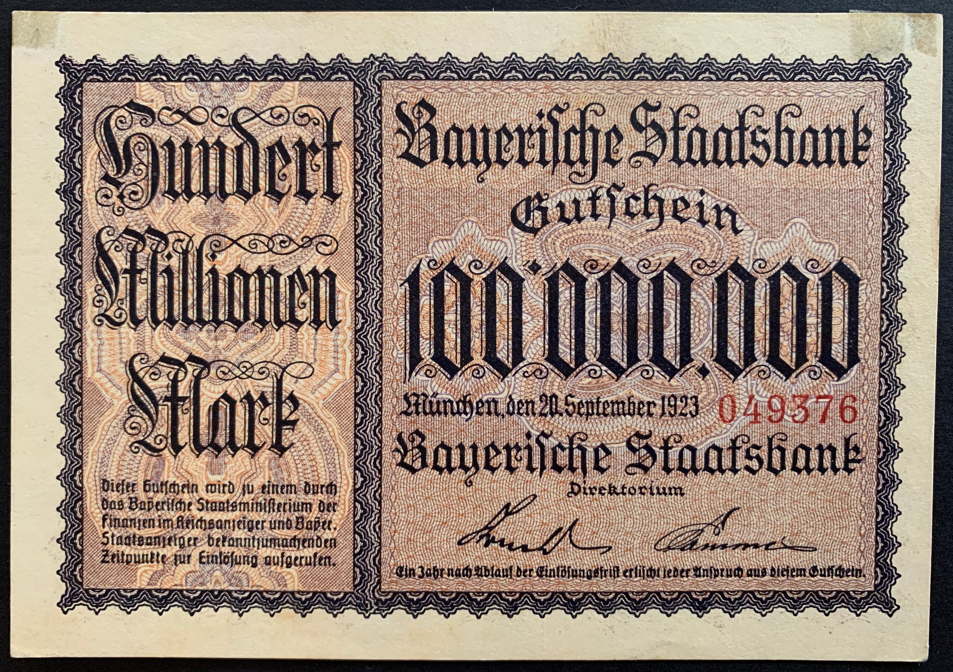 Germany, Bavaria 100 million Mark notgeld 1923 XF vintage banknote face