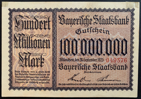 Germany, Bavaria 100 million Mark notgeld 1923 XF vintage banknote face