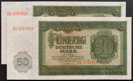 Germany 50 Deutsche Mark 1948 P-14b UNC consecutive banknote pair