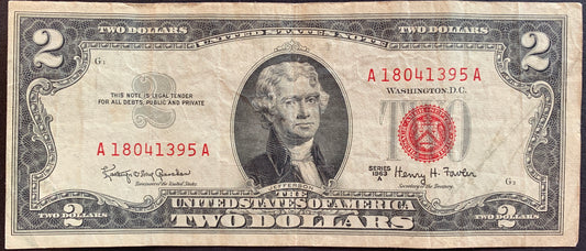 United States 2 Dollars 1963 A series P-382b american dollar bill banknote with red treasury seal and portrait of Thomas Jefferson