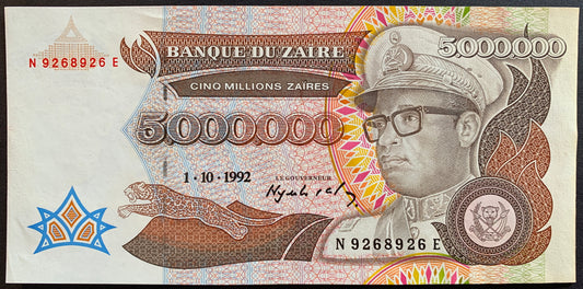 Zaïre 5 million zaires 1992 P-46 banknote with jaguar and portrait of Mobutu