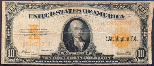 United States 10 Dollars Gold Certificate 1922 P-274 vintage banknote face with portrait of Michael Hillegas