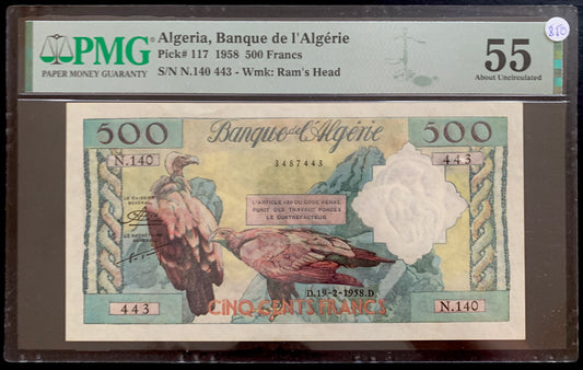 Algeria 500 Francs 1958 P-117 AUNC PMG 55 vintage banknote with Griffon vulture and Tawny eagle perched on rock