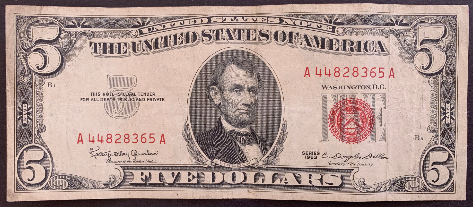United States 5 Dollars 1963 P-383 VF vintage dollar bill banknote with red seal and portrait of Abraham Lincoln