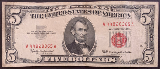 United States 5 Dollars 1963 P-383 VF vintage dollar bill banknote with red seal and portrait of Abraham Lincoln