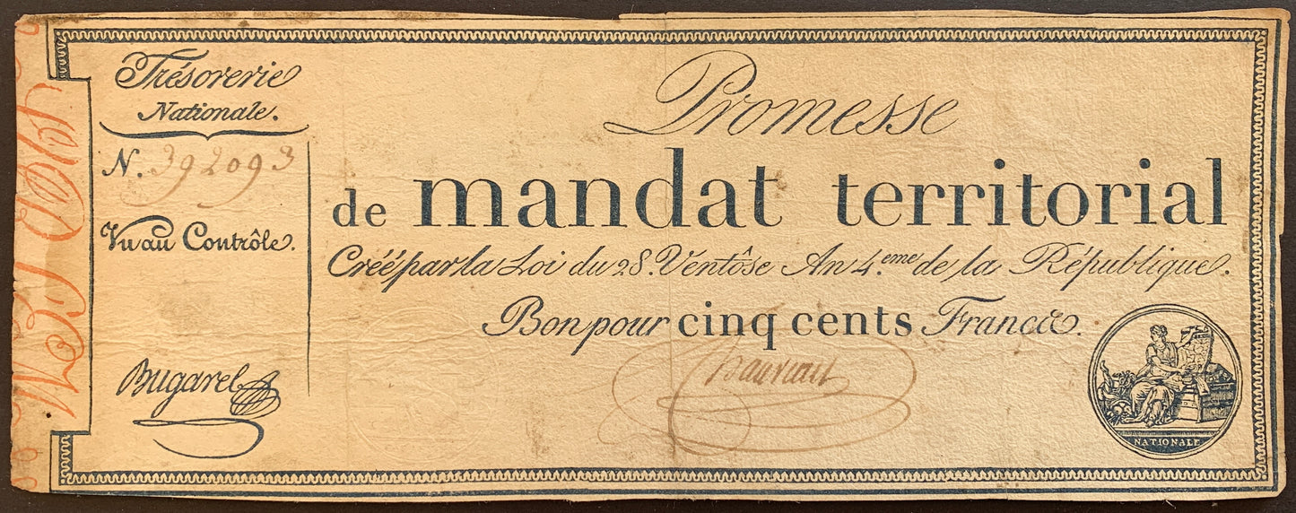 France 500 Francs Mandat Territorial 1796 P-A86 vintage french banknote