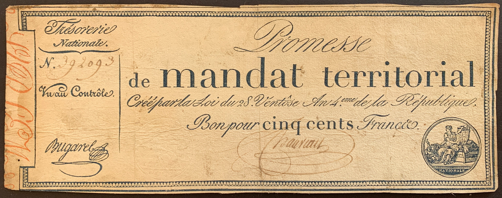 France 500 Francs Mandat Territorial 1796 P-A86 vintage french banknote