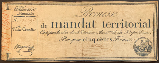 France 500 Francs Mandat Territorial 1796 P-A86 vintage french banknote