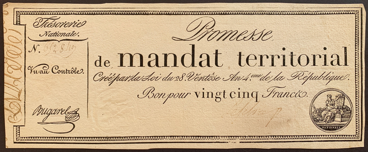 France 25 Francs Mandat Territorial 1796 P-A83 vintage french banknote